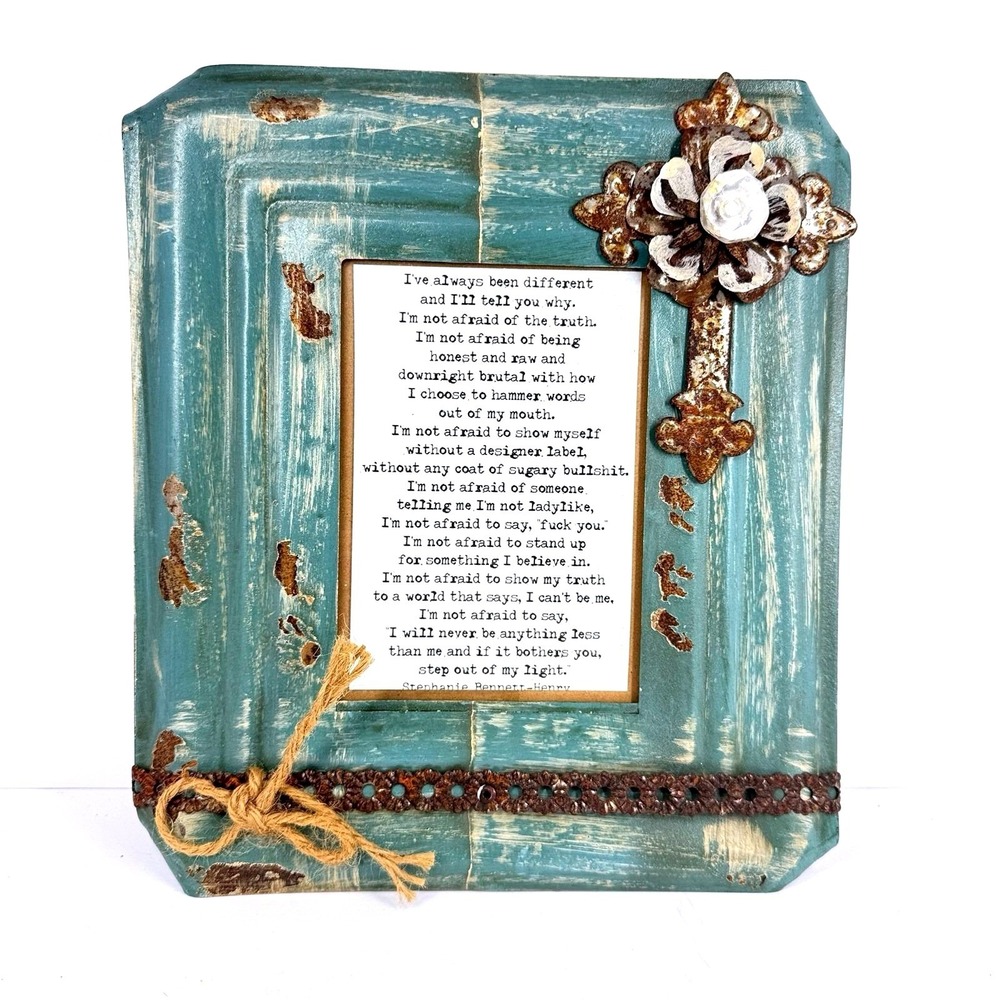 Kathleen Wedemeyer Handmade Teal Distressed 4x6 Picture‎ Frame Cross Floral